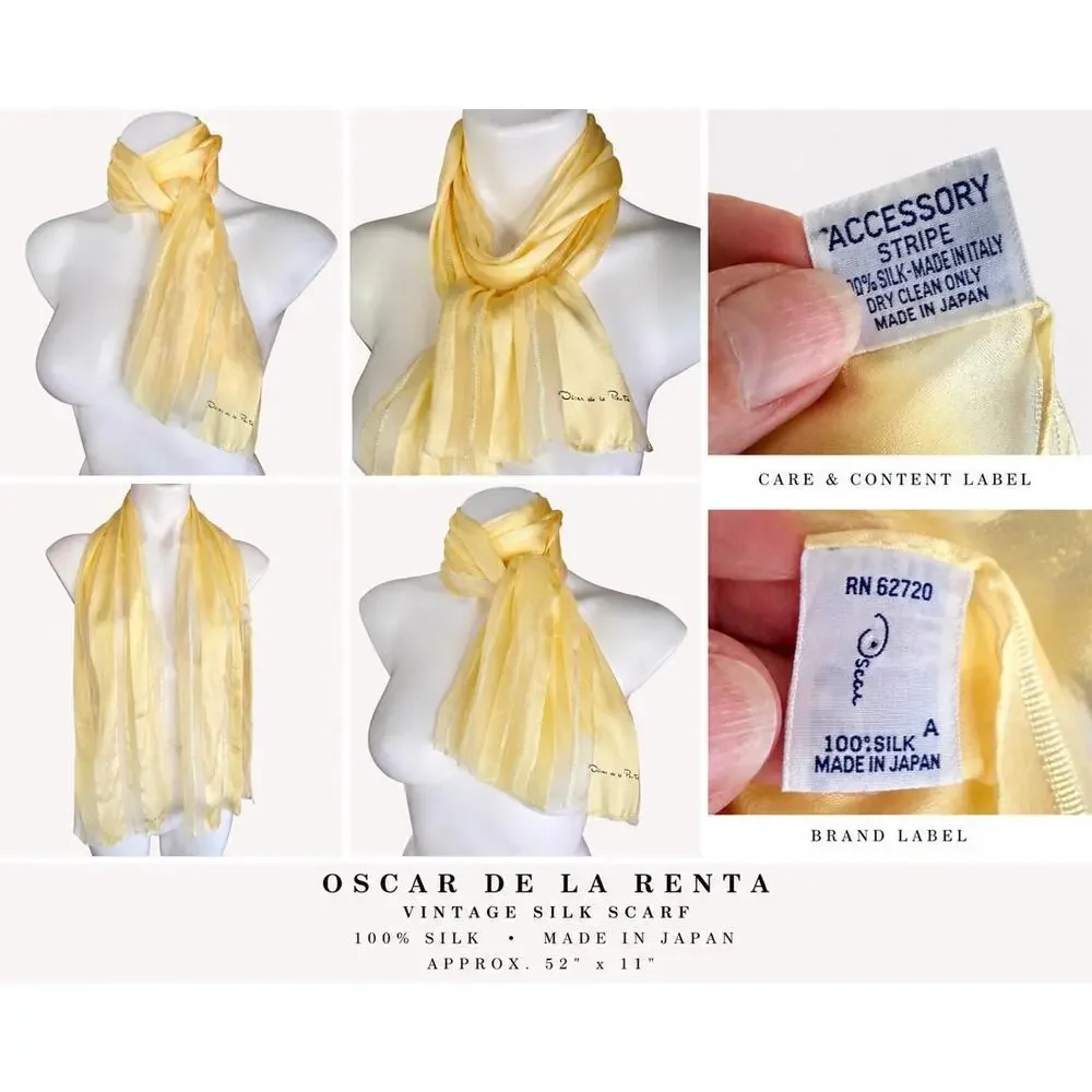 Vintage 70s Oscar de la Renta Silk Scarf Butter Yellow Lurex Stripe Japan 10X52